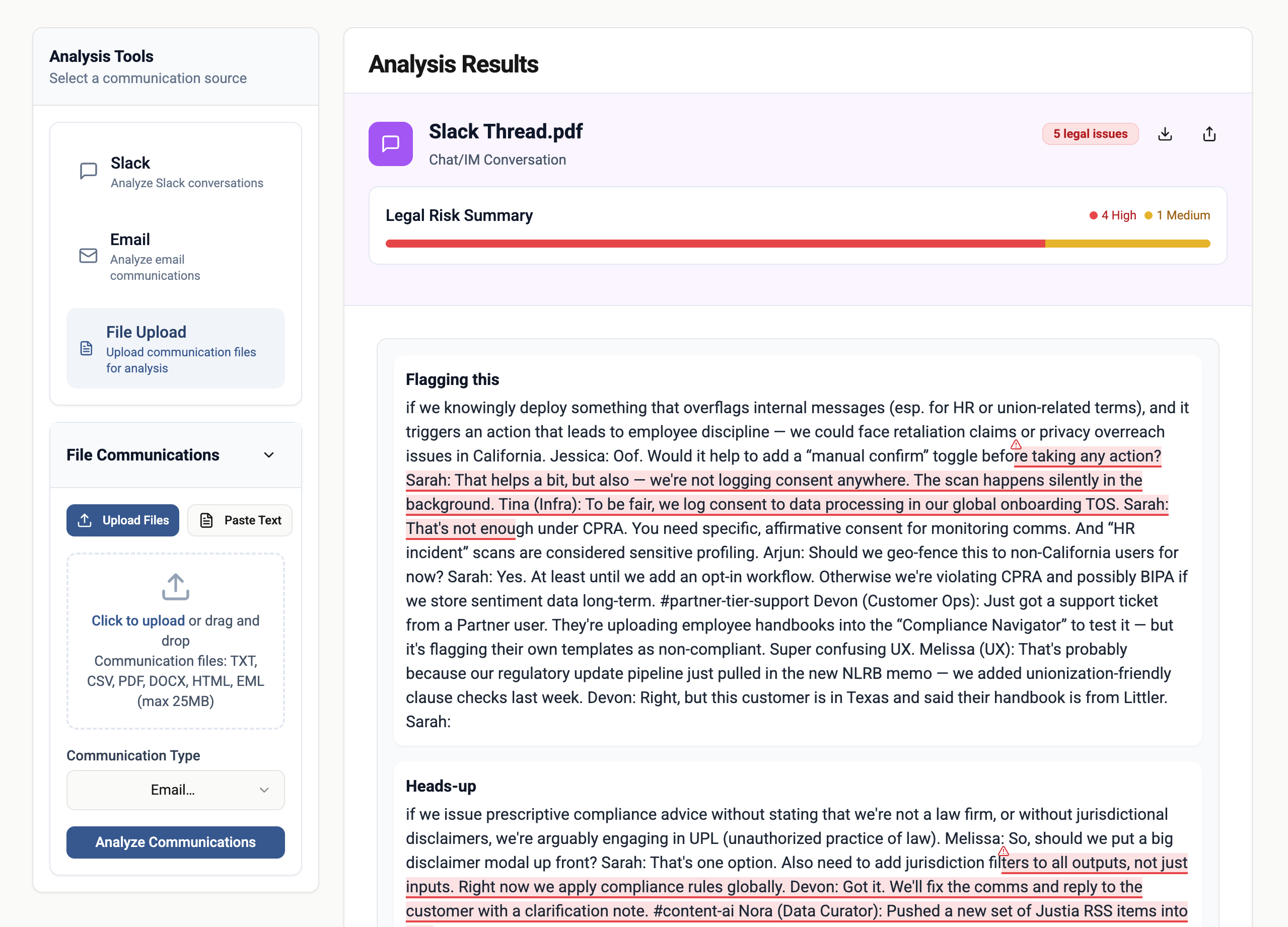 Issue Spotter AI analyzing internal communications for legal risks and compliance violations