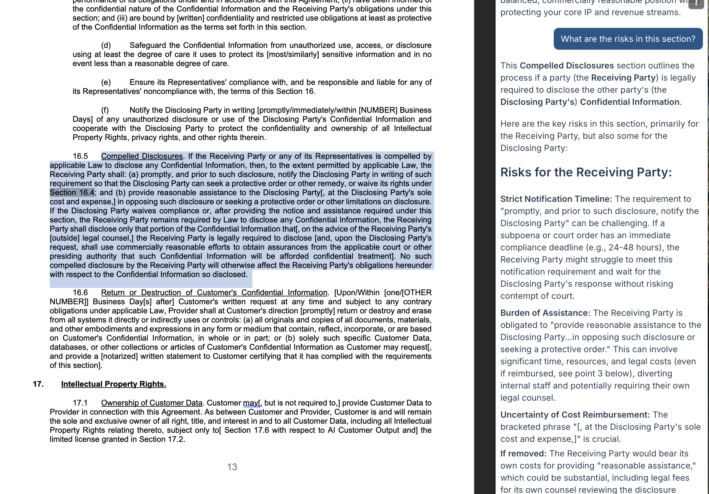 White Shoe Word Plugin showing contextual contract analysis